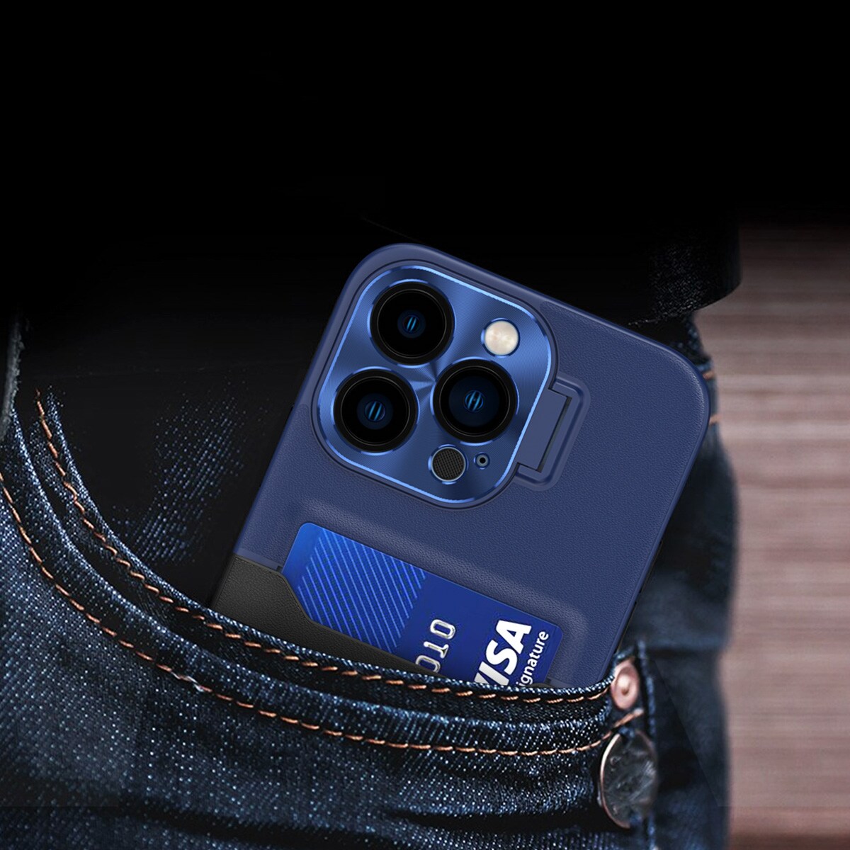 Nahka Stand Case tapauksessa iPhone 14 Plus kansi kortti lompakko jalusta sininen