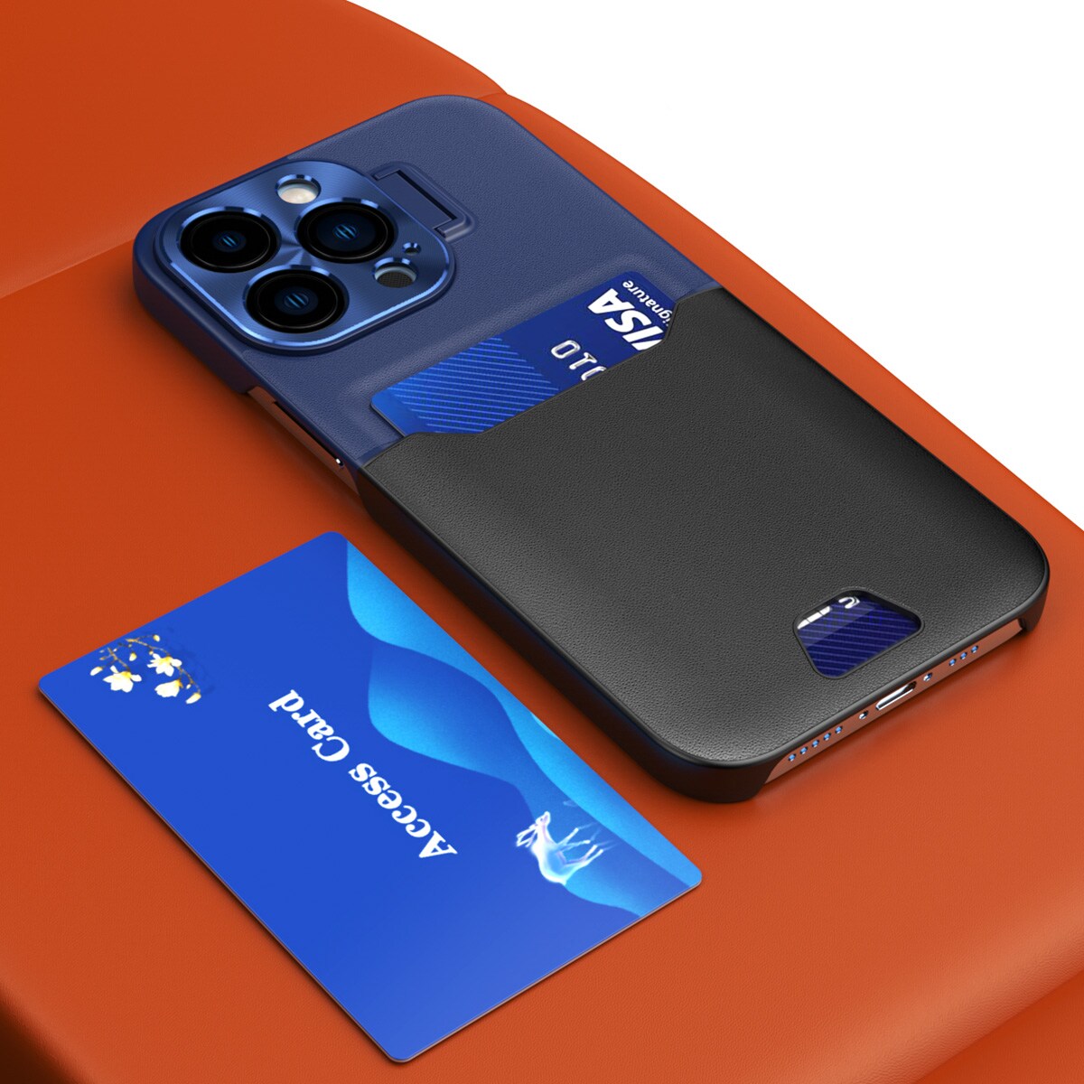 Nahka Stand Case tapauksessa iPhone 14 Pro kansi kortti lompakko jalusta sininen
