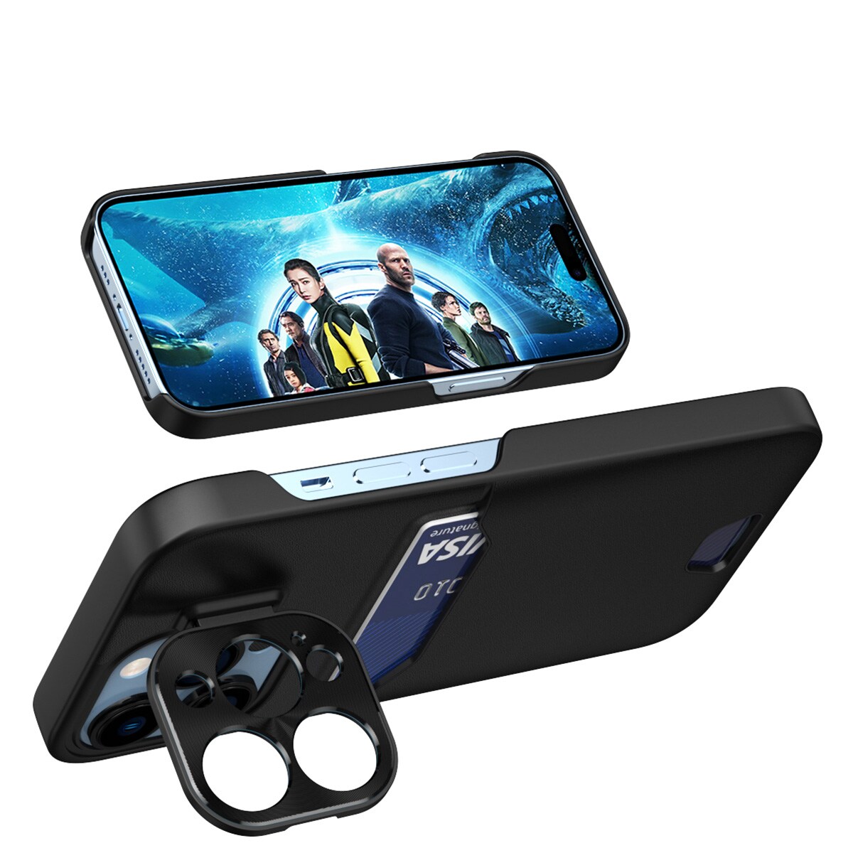Nahka Stand Kotelo tapauksessa iPhone 14 Pro kansi kortti lompakko jalusta musta