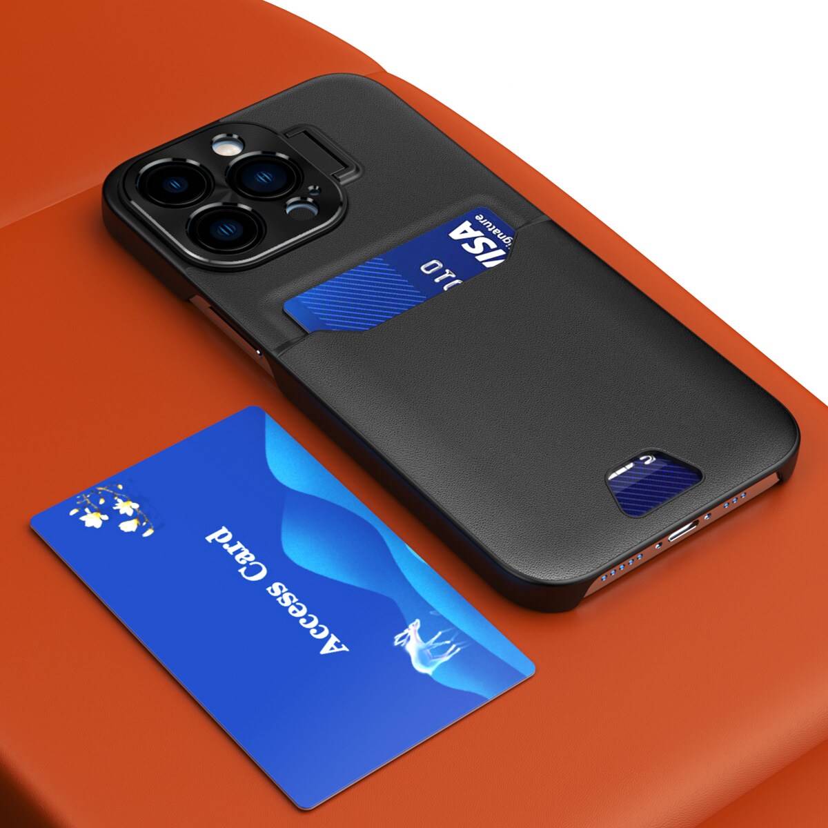 Nahka Stand Kotelo tapauksessa iPhone 14 Pro kansi kortti lompakko jalusta musta