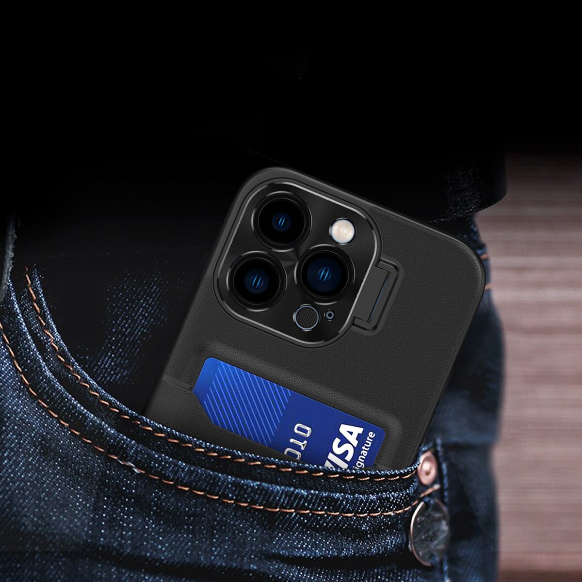 Nahka Stand Kotelo tapauksessa iPhone 14 Pro kansi kortti lompakko jalusta musta