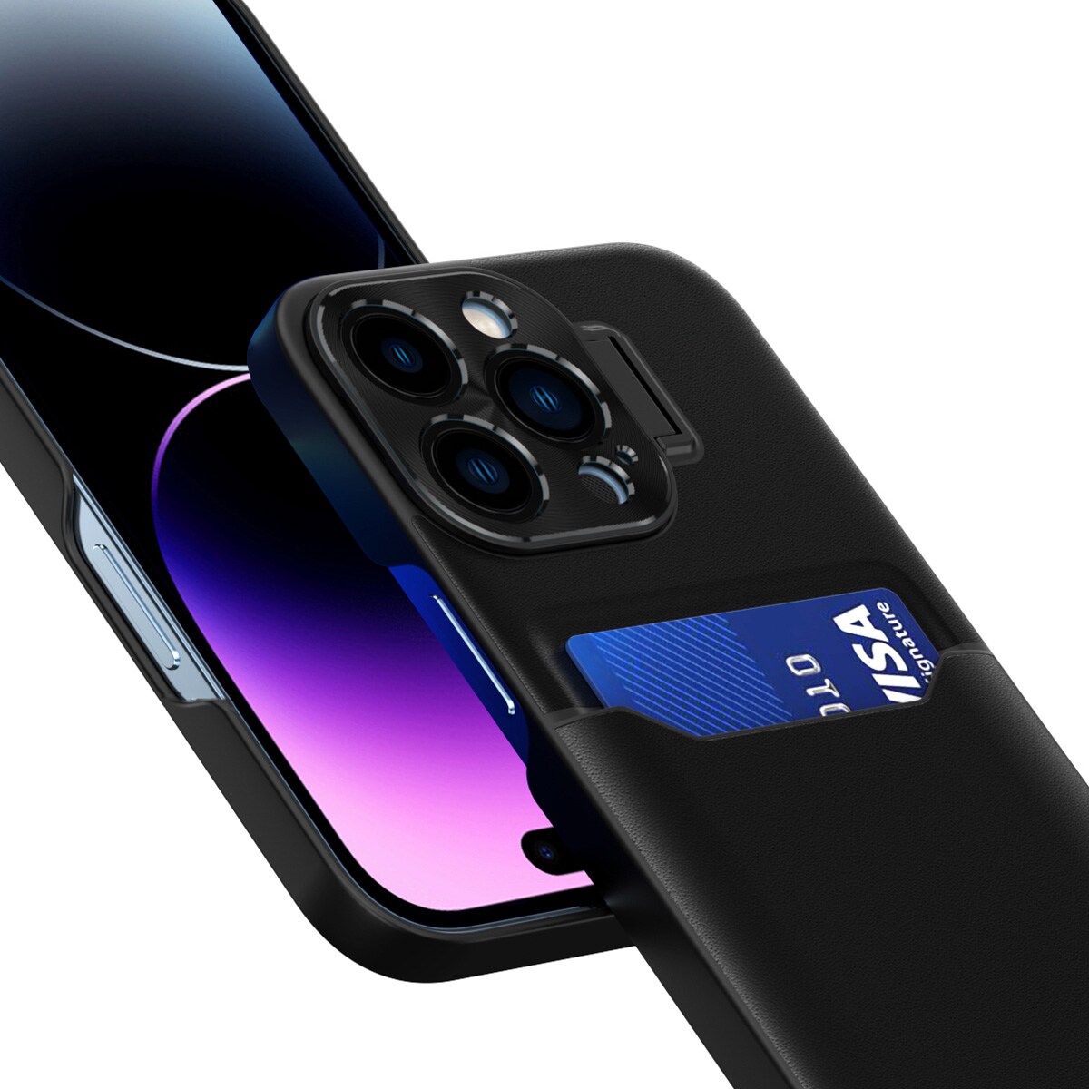 Nahka Stand Kotelo iPhone 14 Pro Max kansi kortti lompakko jalusta musta