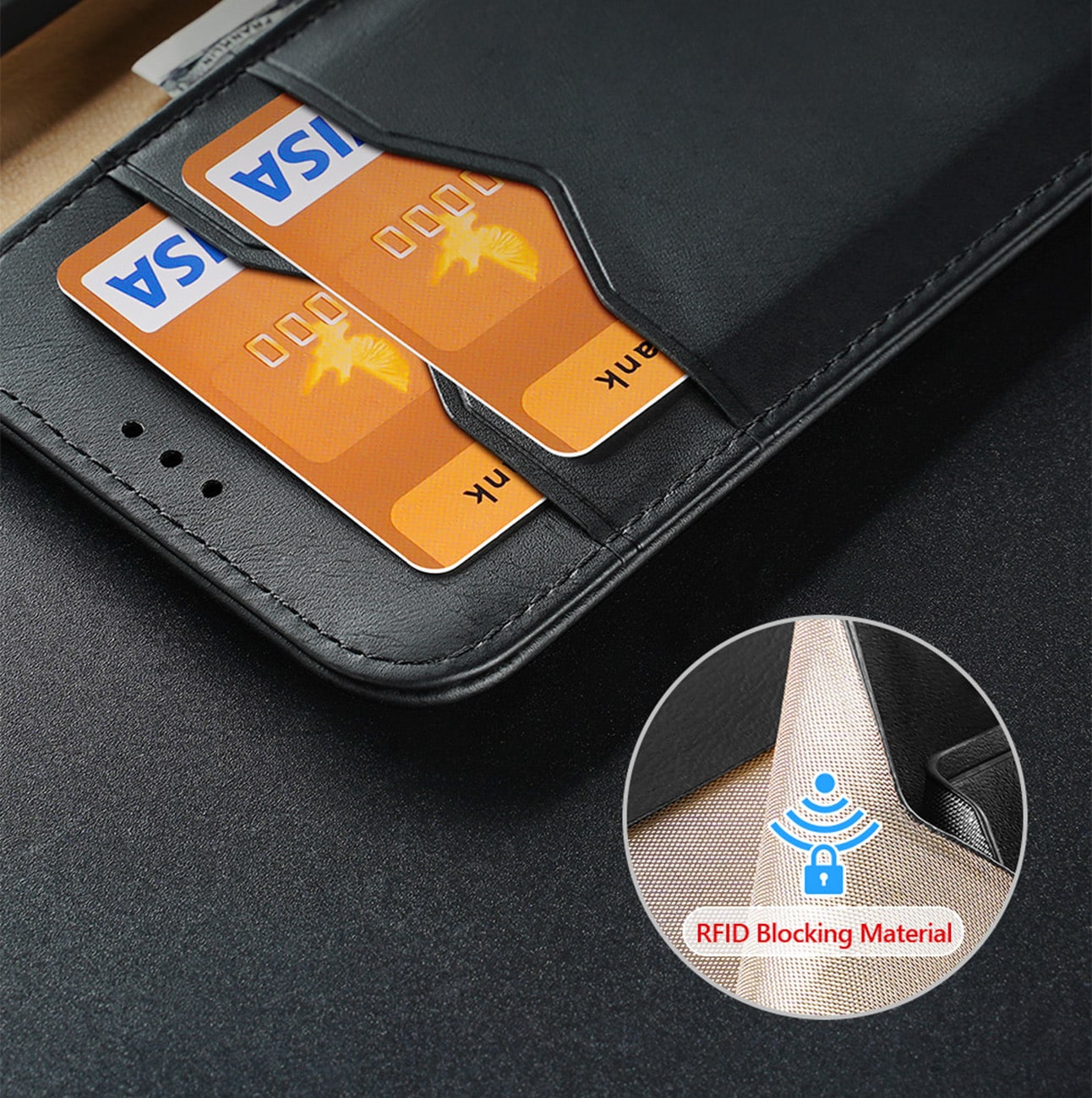 Dux Ducis Hivo tapauksessa Samsung Galaxy S23+ flip tapauksessa lompakko jalusta RFID esto musta