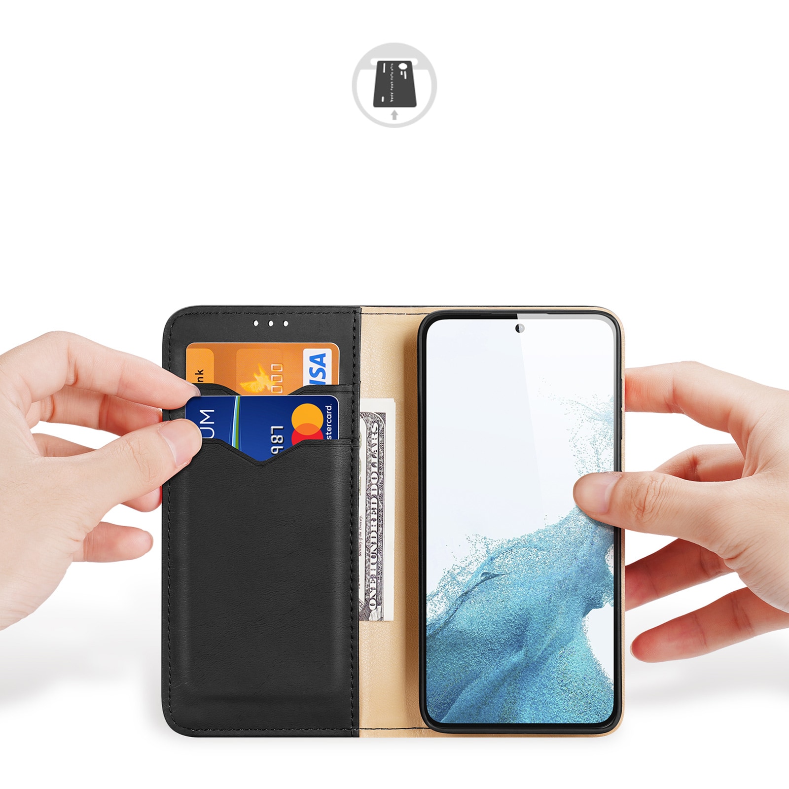 Dux Ducis Hivo tapauksessa Samsung Galaxy S23+ flip tapauksessa lompakko jalusta RFID esto musta