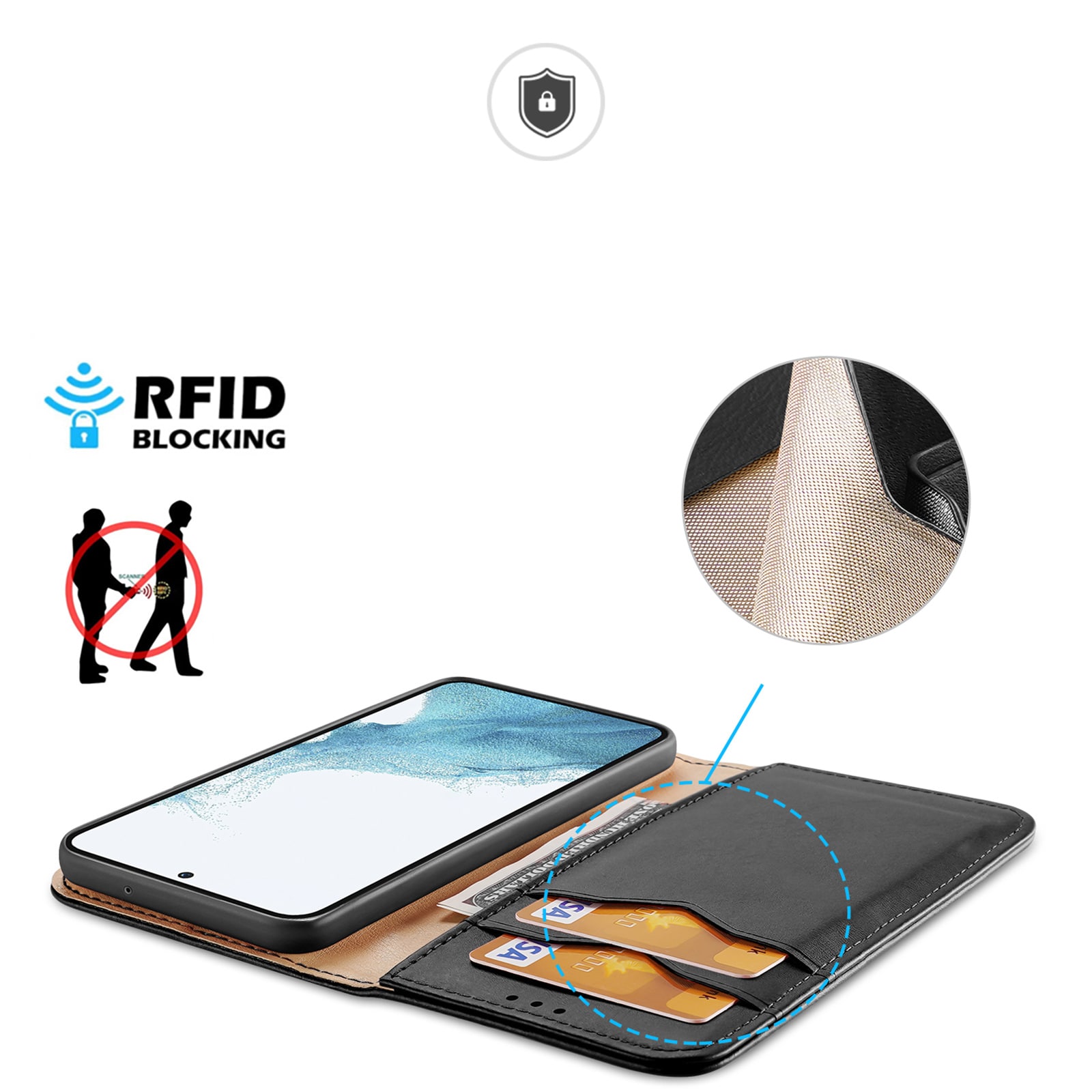 Dux Ducis Hivo tapauksessa Samsung Galaxy S23+ flip tapauksessa lompakko jalusta RFID esto musta