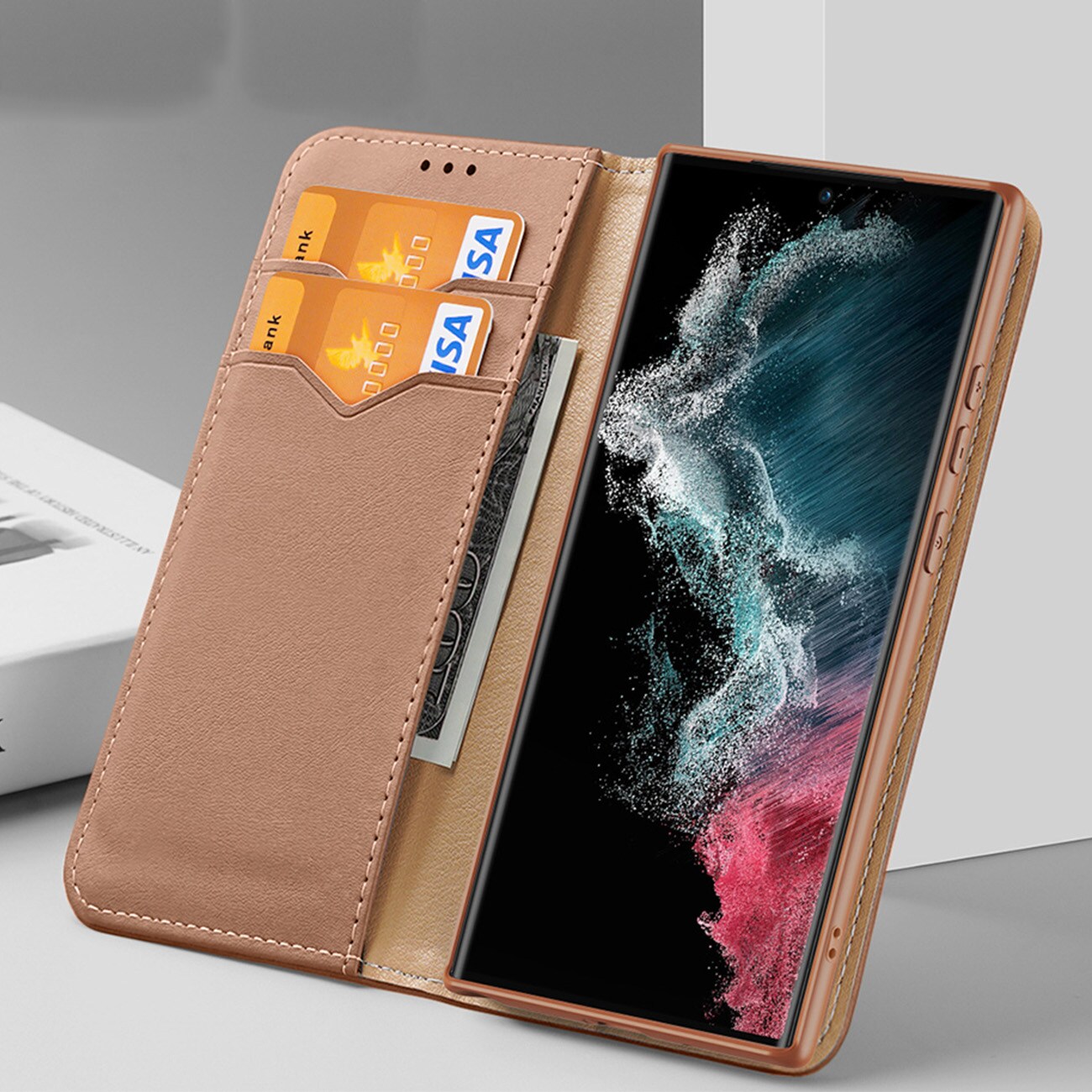 Dux Ducis Hivo tapauksessa Samsung Galaxy S23+ flip kansi lompakko jalusta RFID esto ruskea