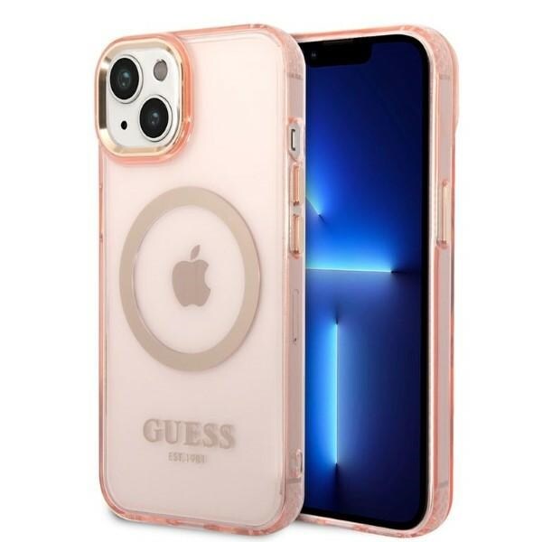Guess iPhone 14 Plus 6.7" Pink Hard Case Gold Outline Translucent MagSafe Pattern