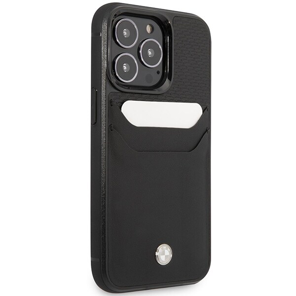 Kotelo BMW BMHCP14X22RSEPK iPhone 14 Pro Max 6.7" musta/musta Nahkainen korttipaikka