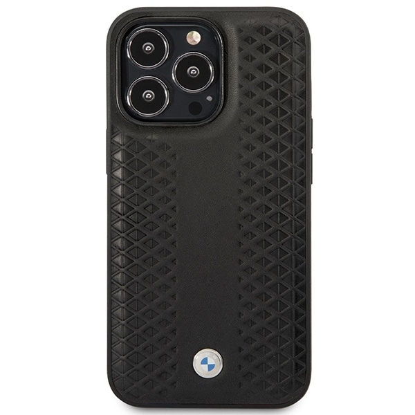 Kotelo BMW BMHMP14L22RFGK iPhone 14 Pro 6,1" musta nahkainen MagSafe-kotelo timanttikuvio.