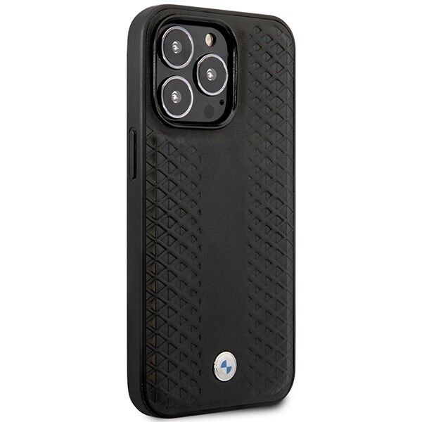 Kotelo BMW BMHMP14L22RFGK iPhone 14 Pro 6,1" musta nahkainen MagSafe-kotelo timanttikuvio.