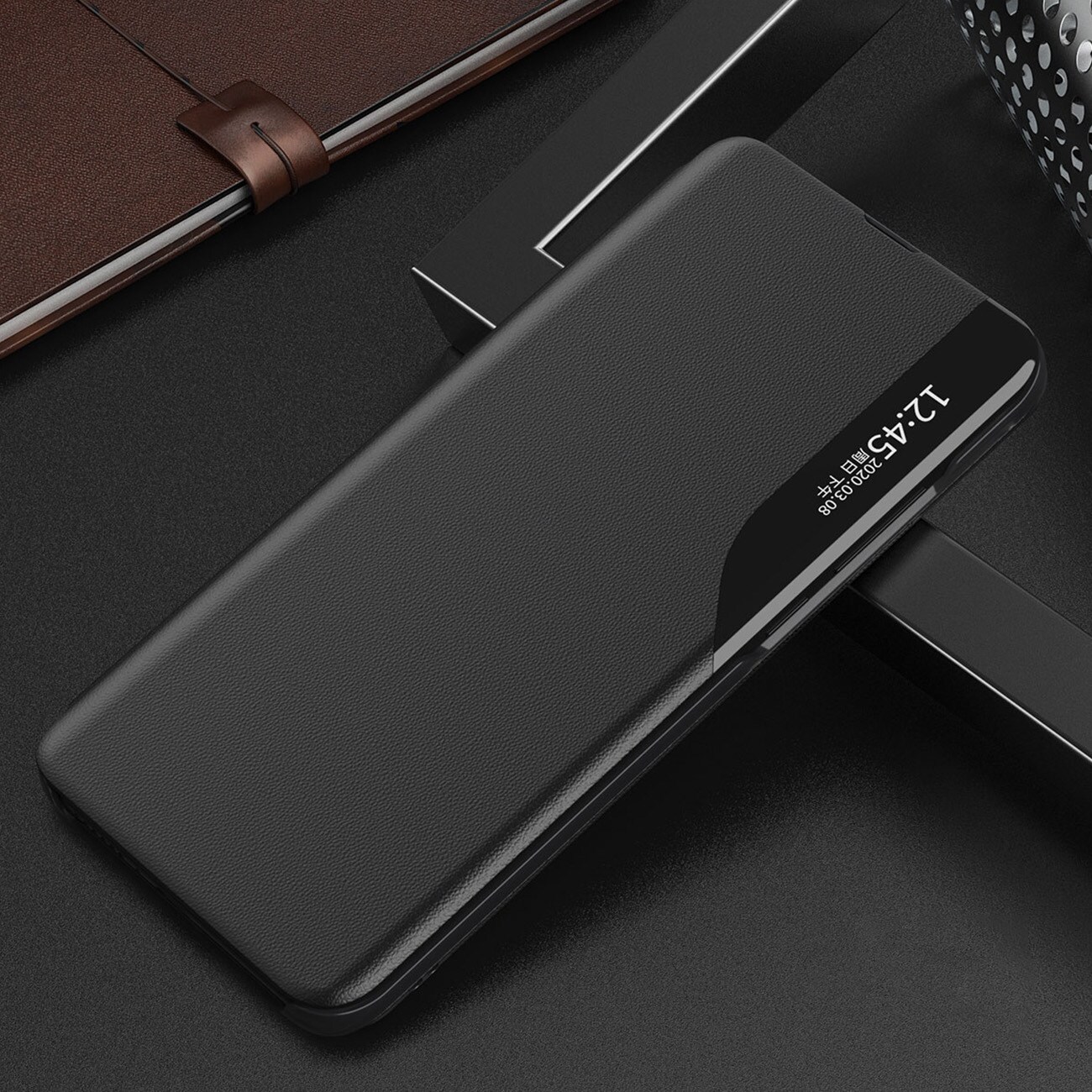 Eco Nahka View Kotelo kansi Samsung Galaxy A24 4G flip jalusta sininen