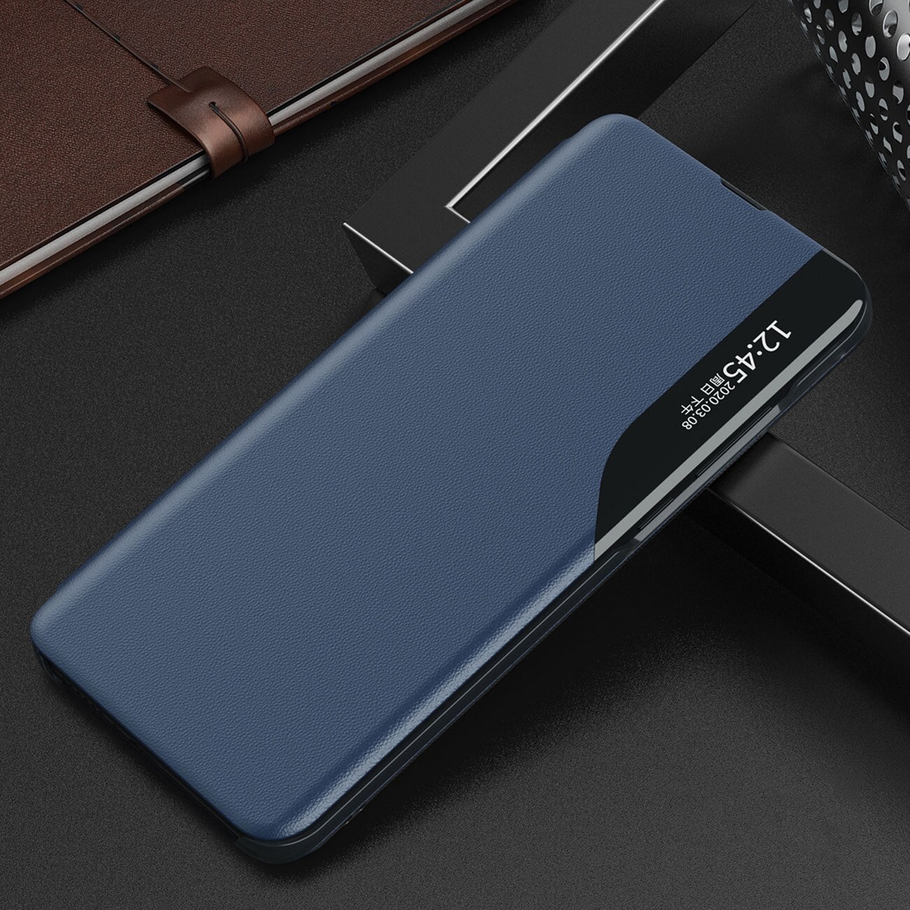 Eco Nahka View Kotelo kansi Samsung Galaxy A24 4G flip jalusta sininen