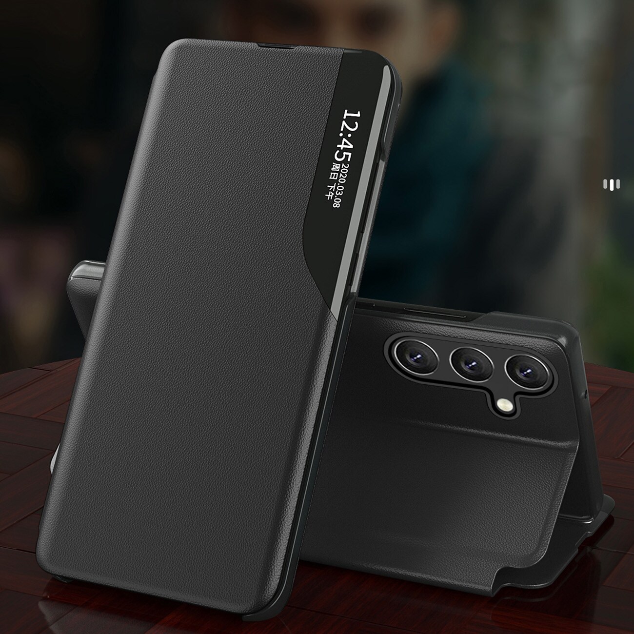Eco Nahka View Kotelo kansi Samsung Galaxy A24 4G flip jalusta sininen