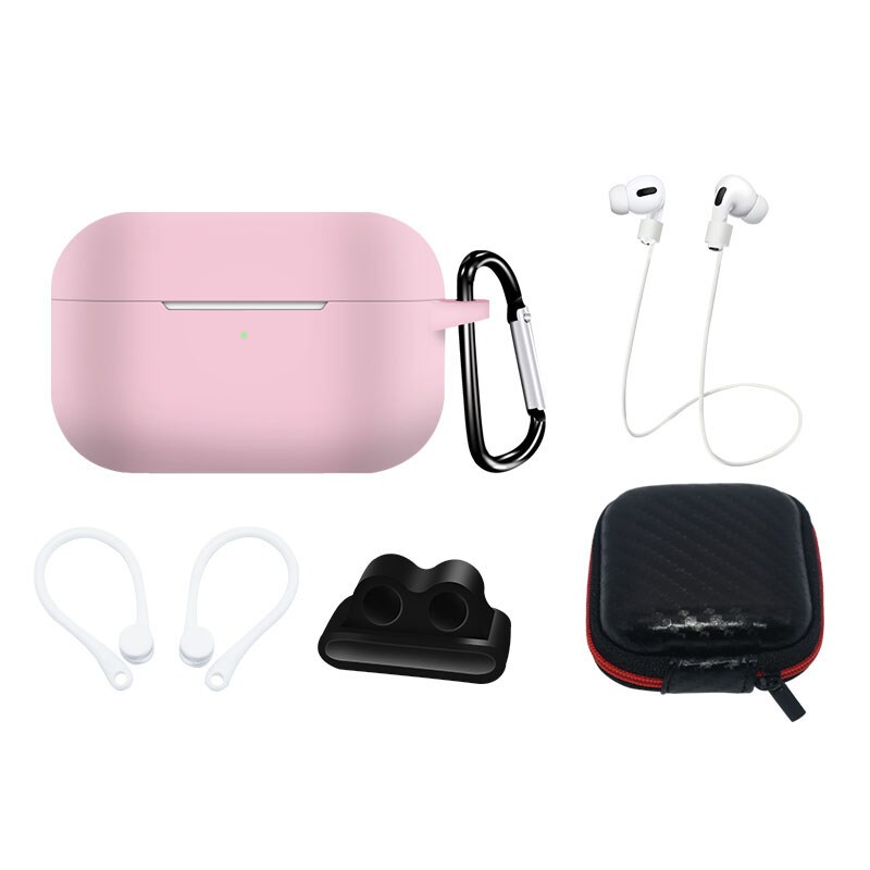 Silikonikotelosarja AirPods Pro 1/2 + Kotelo, Korvakoukku, Kaulahihna, Karabiini - pinkki