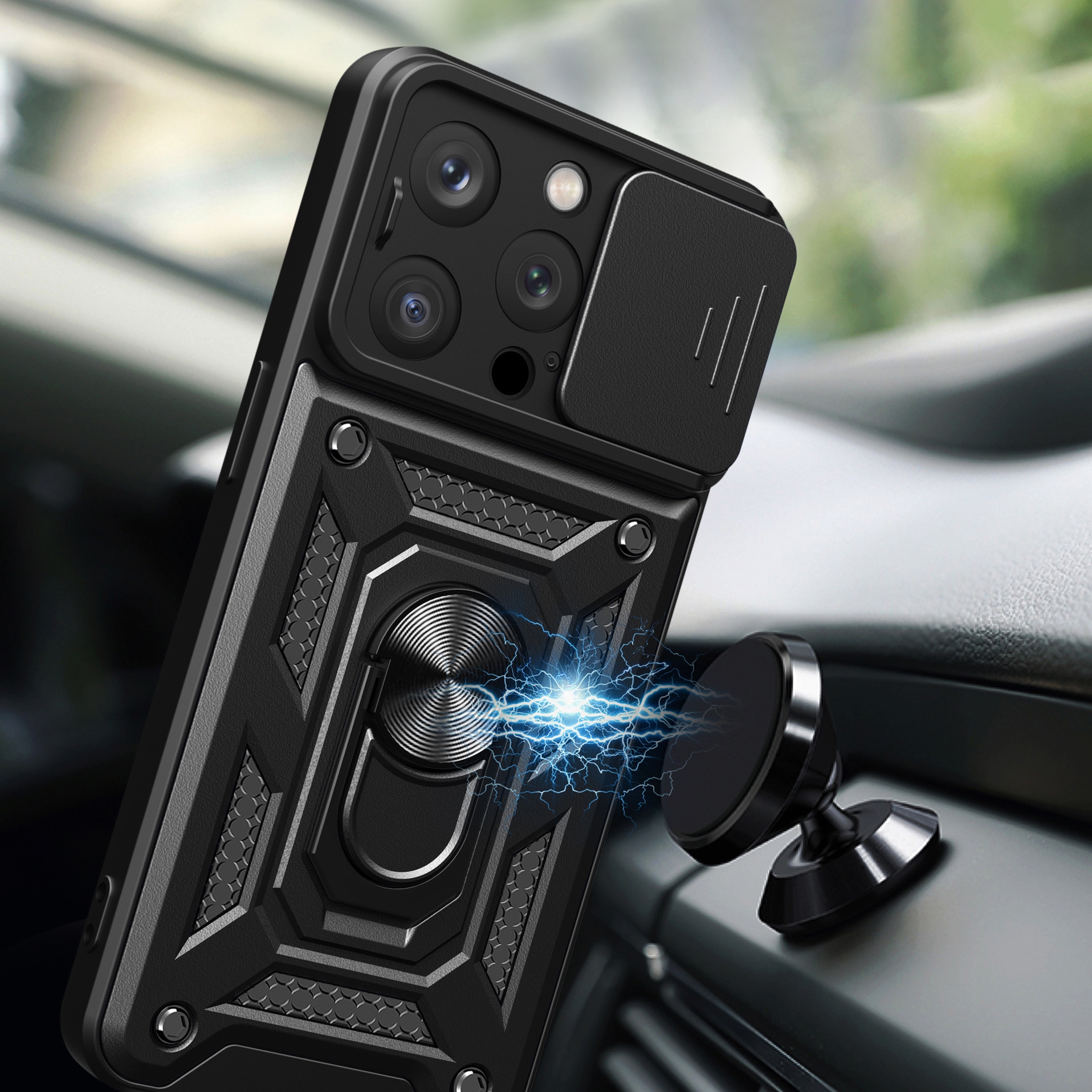 Hybrid Armor Camshield iPhone 15 Pro -kotelo, jossa on potkukiinnike ja kamerasuoja - sininen