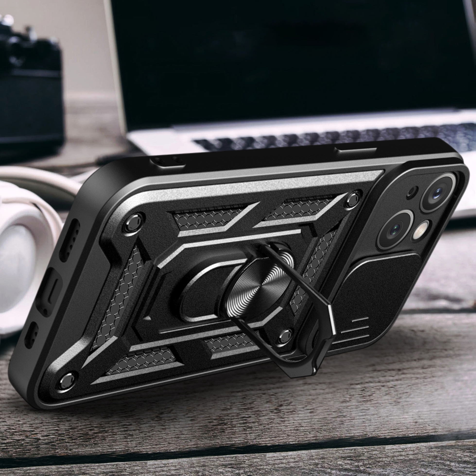 Hybrid Armor Camshield kotelo jalustalla ja kamerasuojalla iPhone 15 Plus - vaaleanpunainen