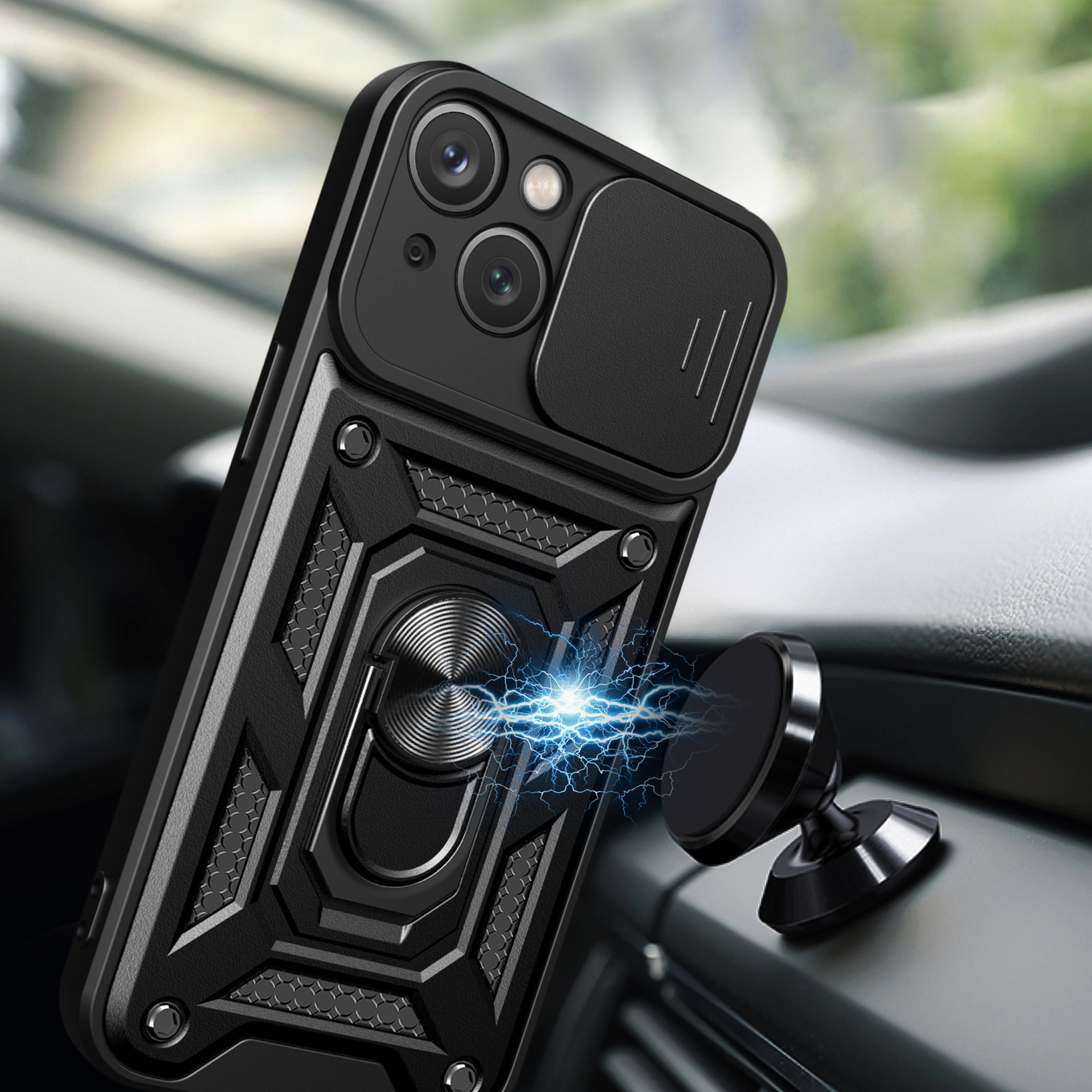 Hybrid Armor Camshield kotelo jalustalla ja kamerasuojalla iPhone 15 Plus - Sininen