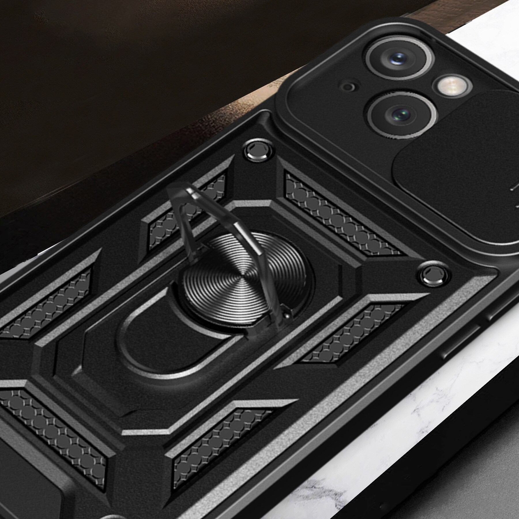 Hybrid Armor Camshield kotelo jalustalla ja kamerasuojalla iPhone 15 Plus - musta
