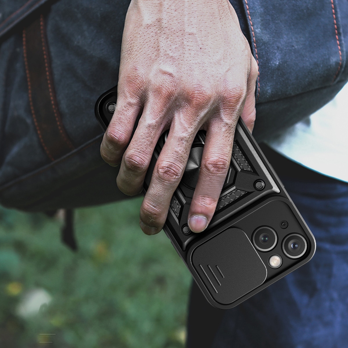 Hybrid Armor Camshield kotelo jalustalla ja kamerasuojalla iPhone 15 Plus - musta