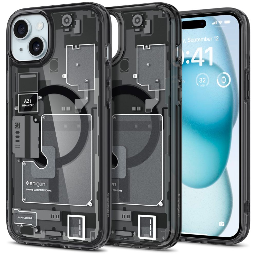 Spigen Ultra Hybrid Mag -kotelo MagSafella 15 Plus -puhelimelle - Tummanharmaa (Zero One -kuvio)