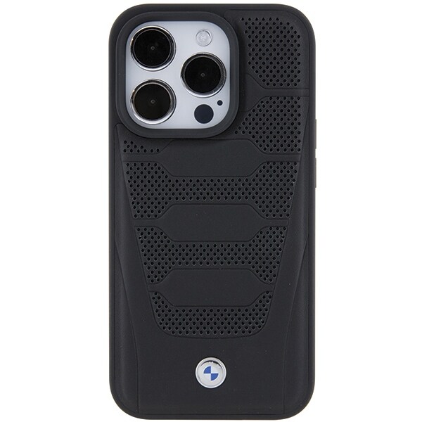 BMW Nahkaistuimet kuvioitu kotelo iPhone 15 Pro Max - musta