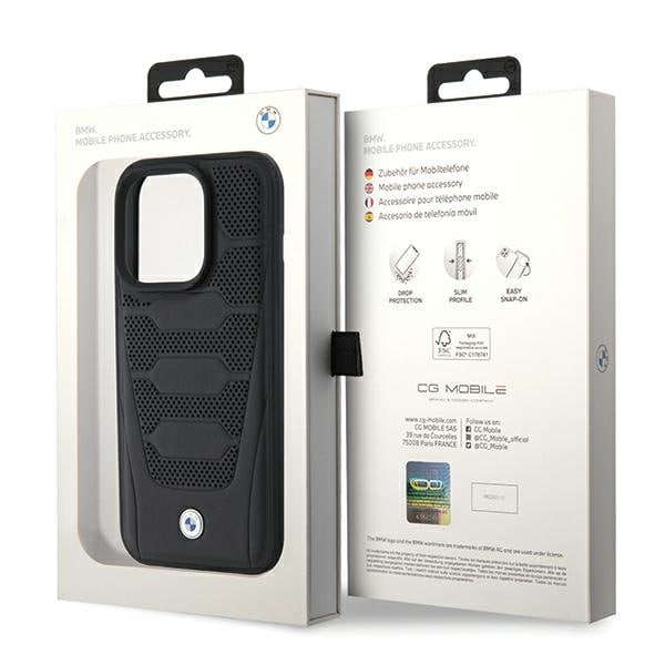 BMW Nahkaistuimet kuvioitu kotelo iPhone 15 Pro Max - musta