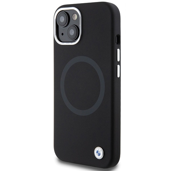 BMW Signature Liquid Silicone MagSafe -kotelo iPhone 15 Plus - mustalle puhelimelle - musta