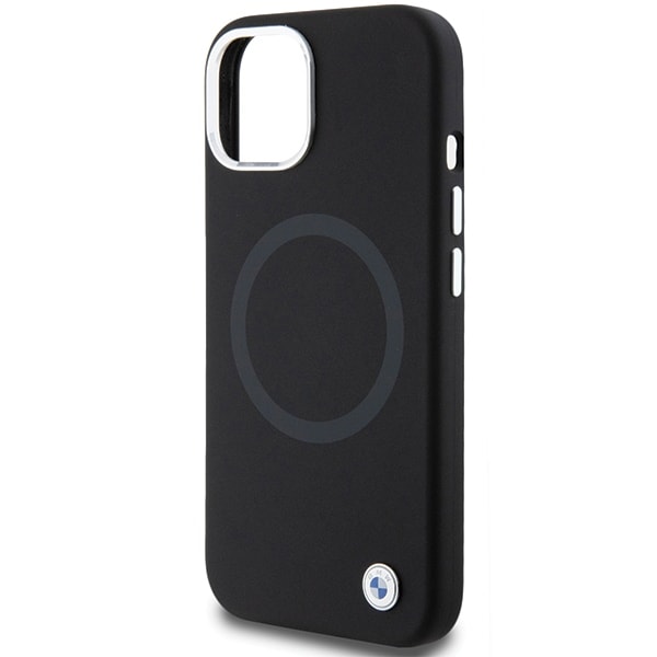 BMW Signature Liquid Silicone MagSafe -kotelo iPhone 15 Plus - mustalle puhelimelle - musta