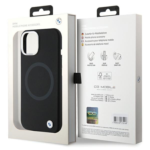 BMW Signature Liquid Silicone MagSafe -kotelo iPhone 15 Plus - mustalle puhelimelle - musta