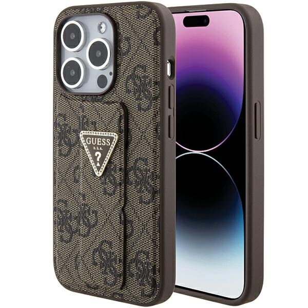 Guess Grip Stand 4G Triangle Strass -kotelo iPhone 15 Pro:lle - ruskea