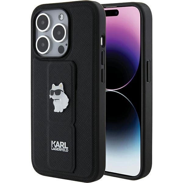 Karl Lagerfeld Gripstand Saffiano Choupette Pins kotelo iPhone 15 Pro - musta