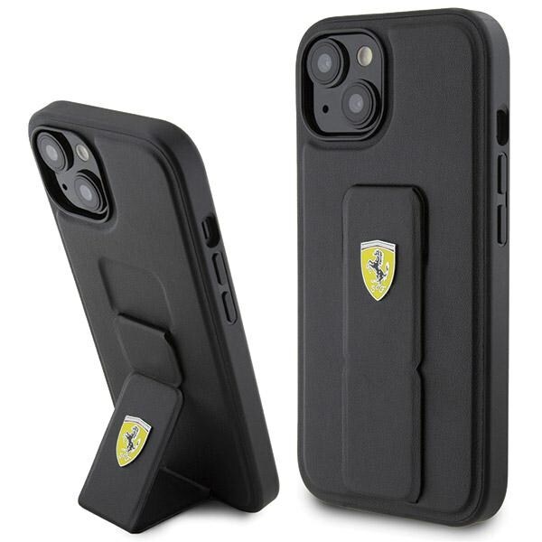 Ferrari Grip Stand Metal Logo -kotelo iPhone 15:lle - musta