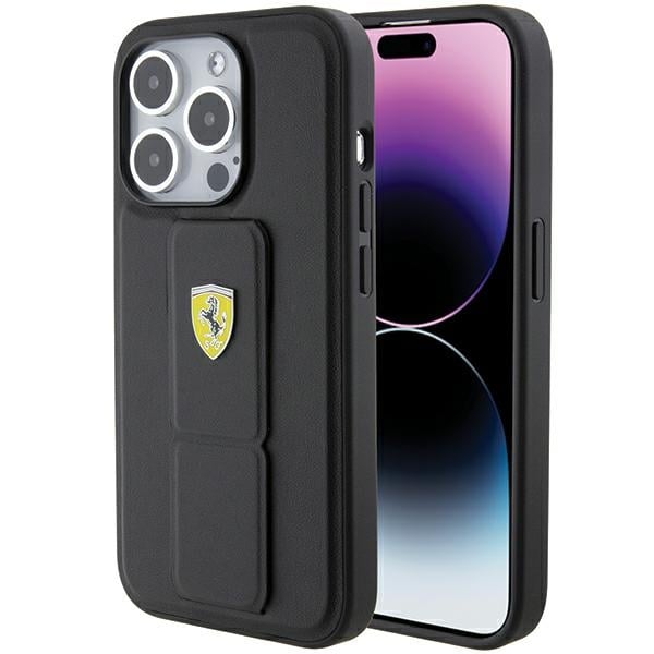 Ferrari Grip Stand Metal Logo -kotelo iPhone 15 Pro Maxille - musta