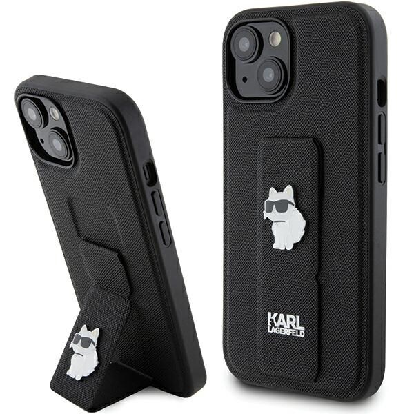 Karl Lagerfeld Gripstand Saffiano Choupette Pins tapauksessa iPhone 15 - musta