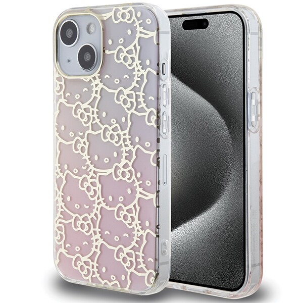 Hello Kitty IML Gradient Electrop Crowded Kitty Head tapauksessa iPhone 15 - vaaleanpunainen
