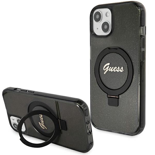 Guess Ring Stand Script Glitter MagSafe kotelo iPhone 14 / 15 / 13 - musta