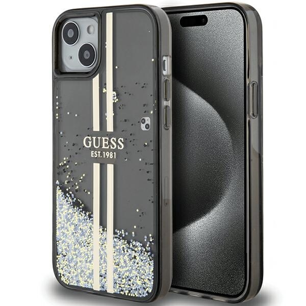 Guess Liquid Glitter Gold Stripes kotelo iPhone 15 Plus / 14 Plus - musta