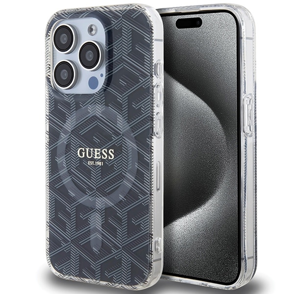 Guess IML GCube MagSafe -kotelo iPhone 15 Pro:lle - musta