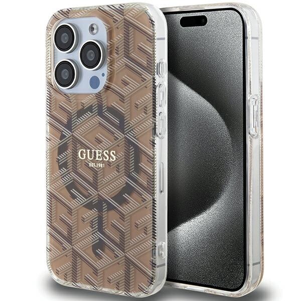 Guess IML GCube MagSafe -kotelo iPhone 15 Pro Maxille - ruskea