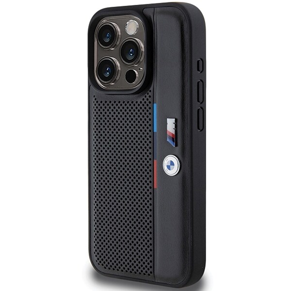 BMW Rei'itetty Tricolor Line -kotelo iPhone 15 Pro:lle - musta