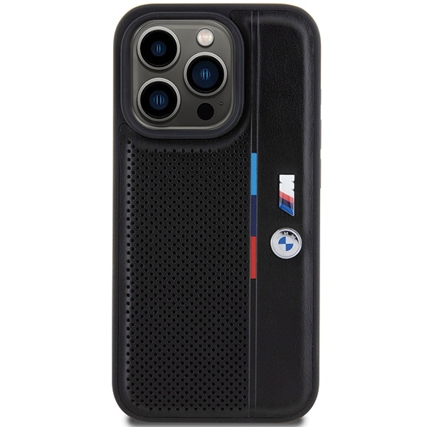 BMW Rei'itetty Tricolor Line -kotelo iPhone 15 Pro:lle - musta