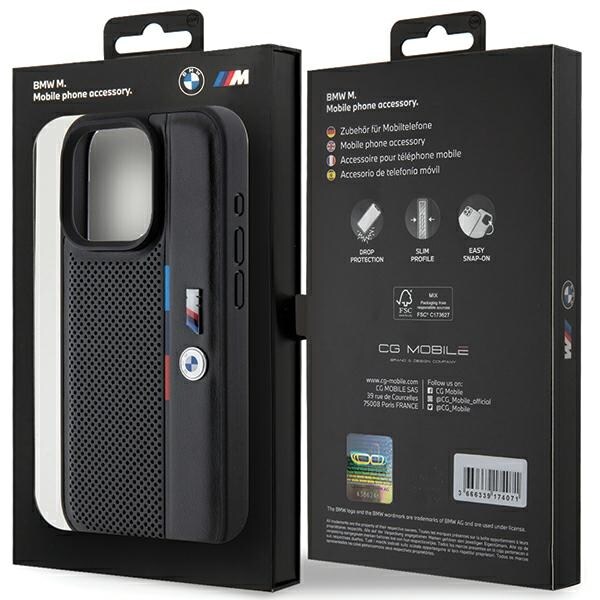 BMW Rei'itetty Tricolor Line -kotelo iPhone 15 Pro:lle - musta