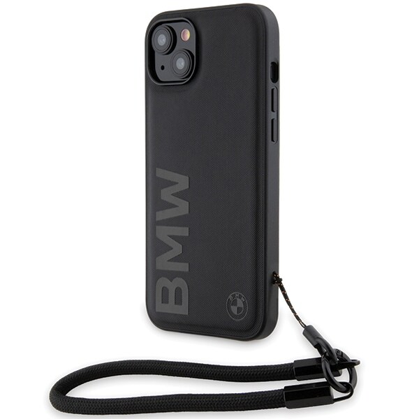 BMW Signature Leather Wordmark Cord -kotelo iPhone 15 Plus / 14 Plus - musta