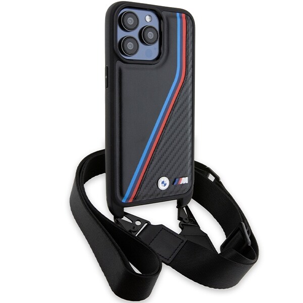 BMW M Edition Carbon Tricolor Lines & Strap -kotelo iPhone 15 Pro Maxille - musta