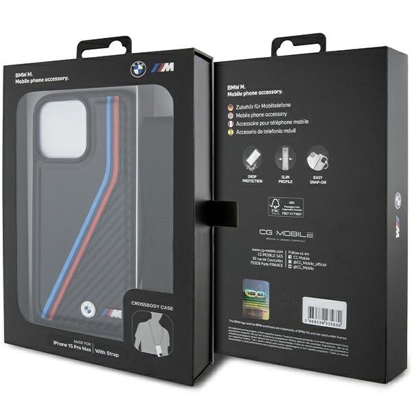 BMW M Edition Carbon Tricolor Lines & Strap -kotelo iPhone 15 Pro Maxille - musta