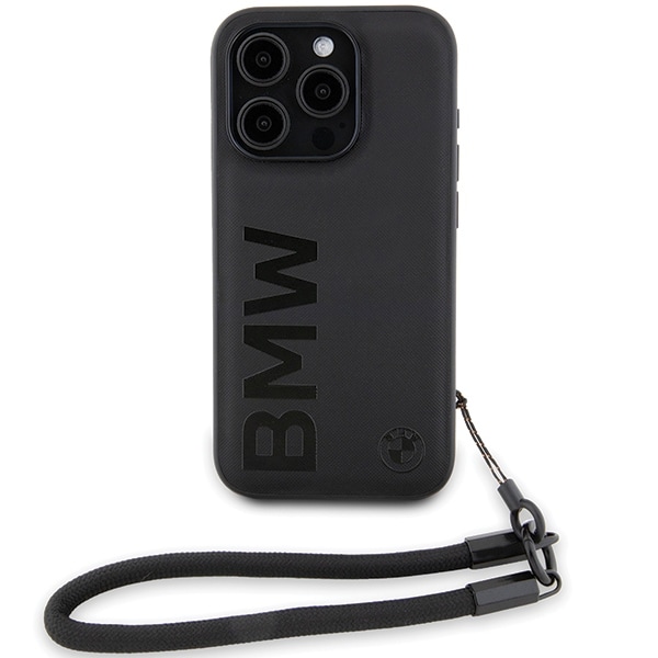 BMW Signature Leather Wordmark Cord -kotelo iPhone 15 Pro Maxille - musta