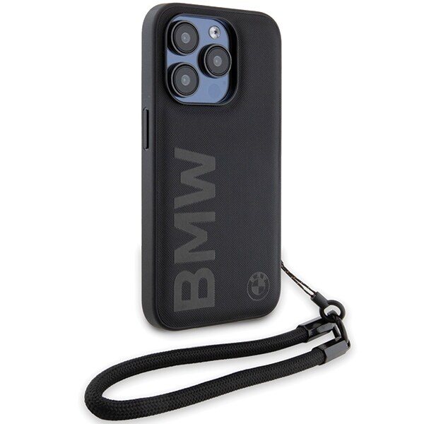 BMW Signature Leather Wordmark Cord -kotelo iPhone 15 Pro Maxille - musta