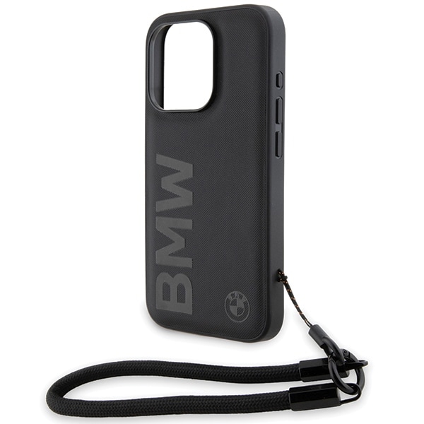 BMW Signature Leather Wordmark Cord -kotelo iPhone 15 Pro Maxille - musta