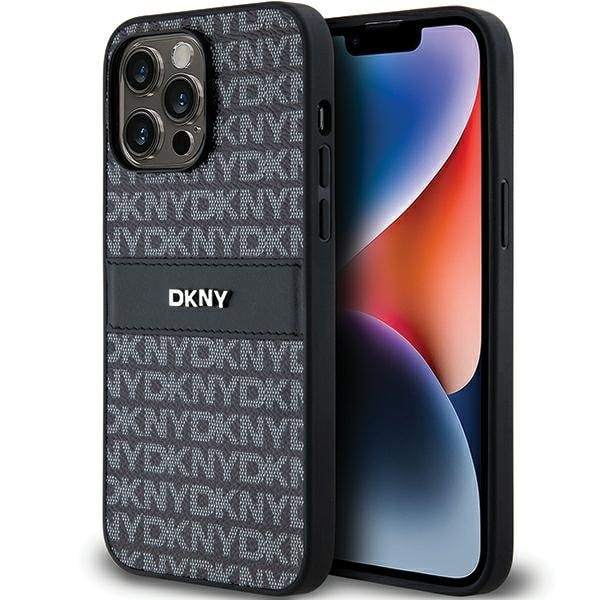 DKNY Nahka Mono Stripe & Metal Logo tapauksessa iPhone 14 Pro - musta