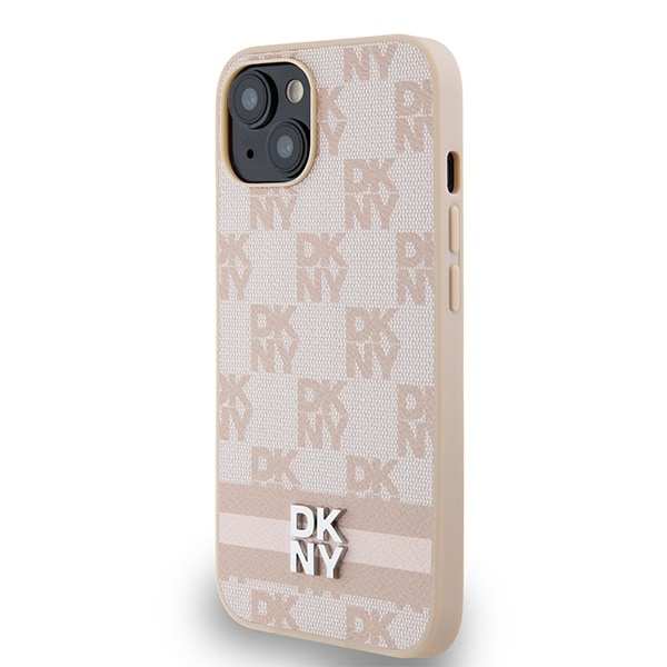 DKNY Checkered Mono Nahka & Painettu Raidat iPhone 15/14/13 - Vaaleanpunainen